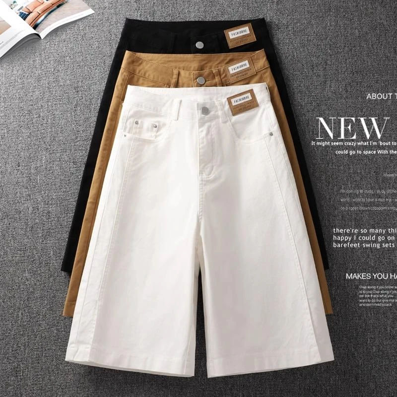 大码夏季薄款牛仔裤女五分裤新款高腰显瘦百搭时尚宽腿阔腿裤中裤