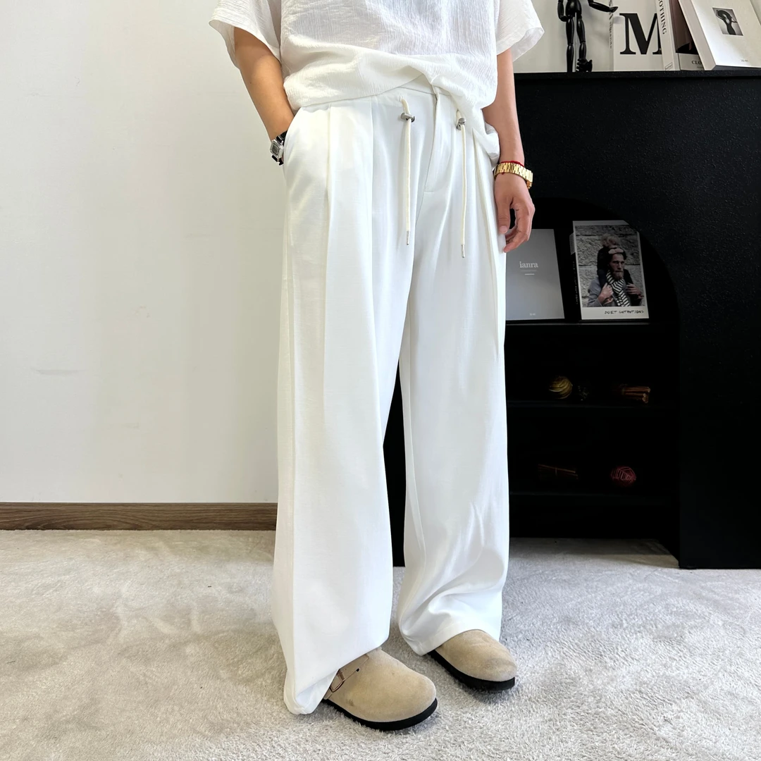 透气宽松捏褶休闲裤纯色百搭长裤春夏西裤男女同款松紧腰肌理感