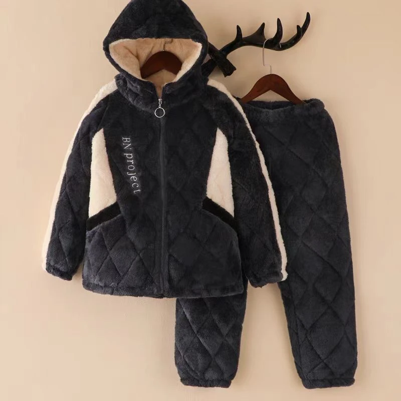 儿童睡衣冬季男孩法兰绒加厚加绒三层夹棉中大童家居服B73