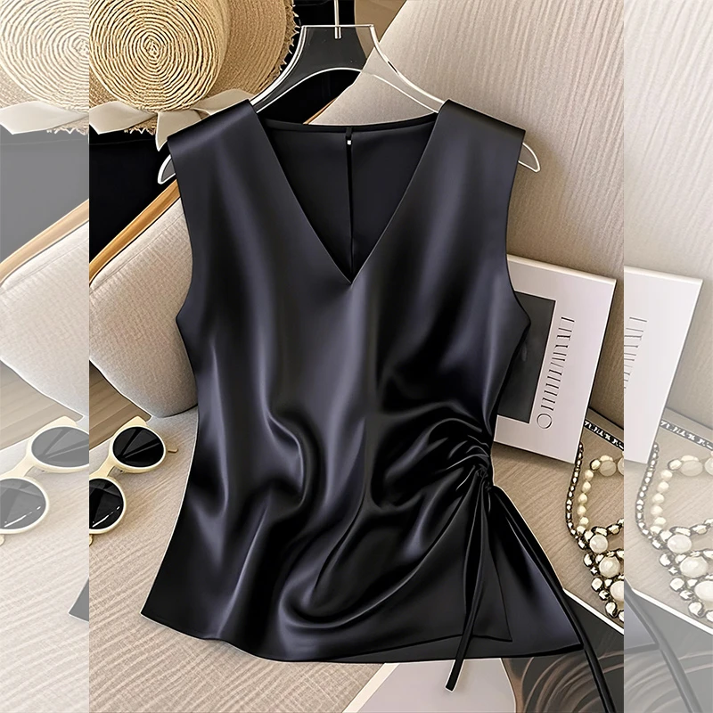 黑色坎肩背心女夏季新款v领衬衫洋气减龄设计感抽绳褶皱小衫衬衣