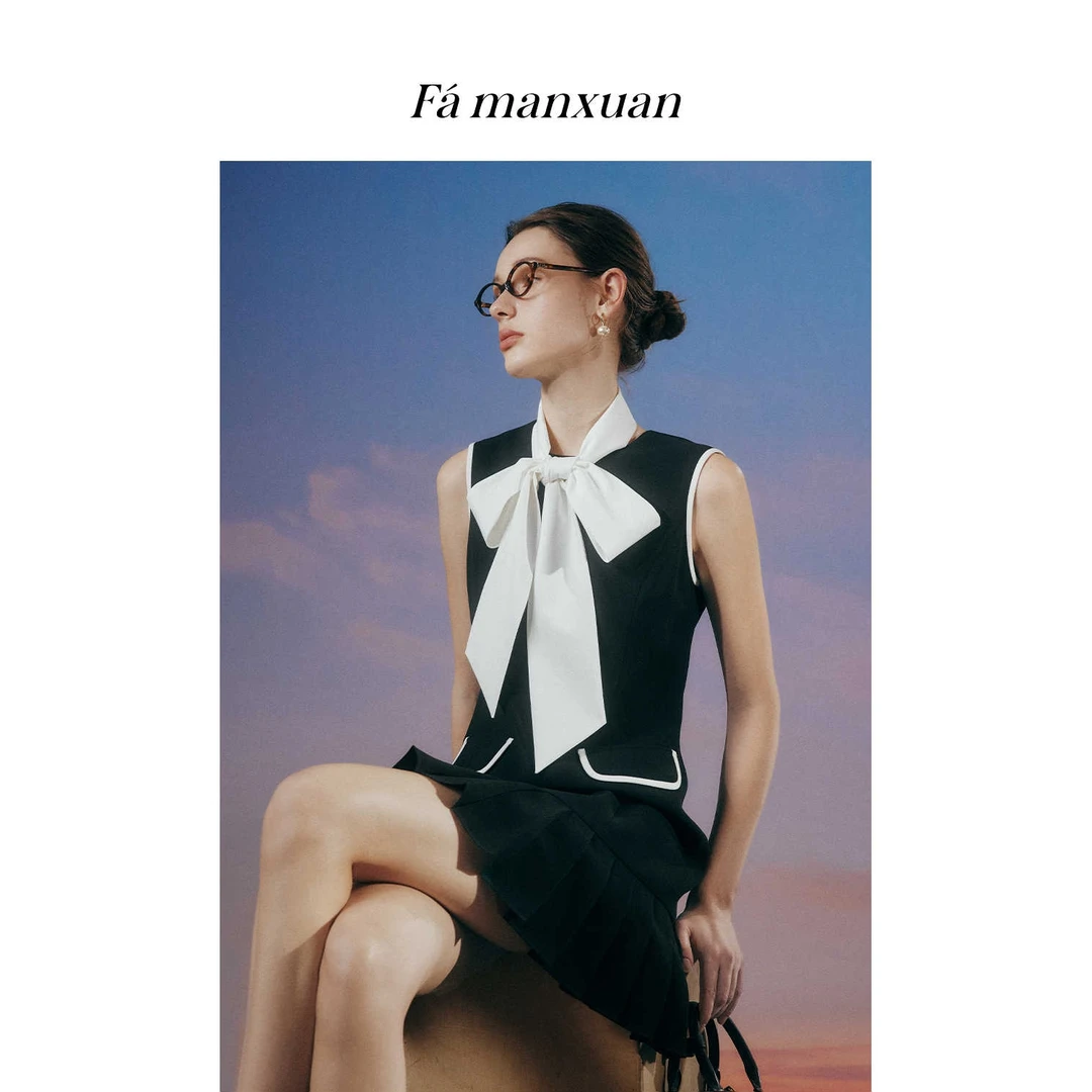 【陈大可专属】法曼萱轻奢黑色无袖百褶连衣裙女2025春背心裙子