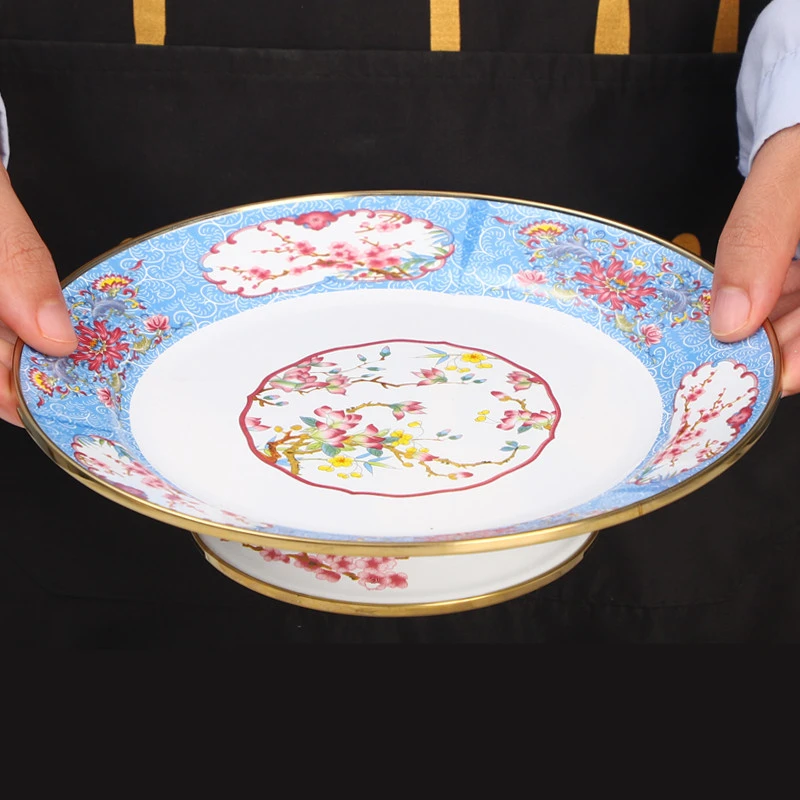 欧丽家珐琅搪瓷果盘老式搪瓷餐盘高脚搪瓷盘水果盘点心盘圆形