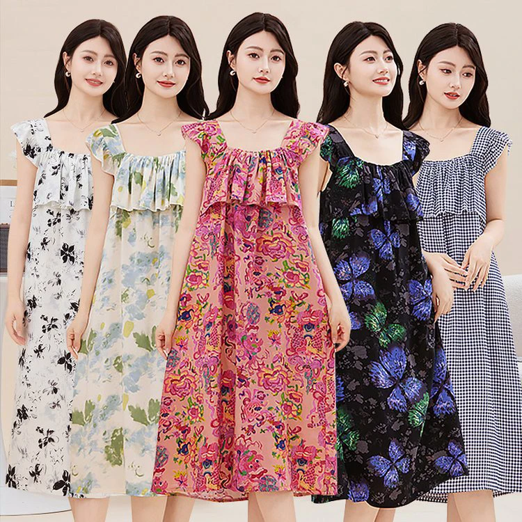 防凸点棉绸加宽吊带睡裙荷叶边遮胸免尴尬妈妈装透气凉快居家服女