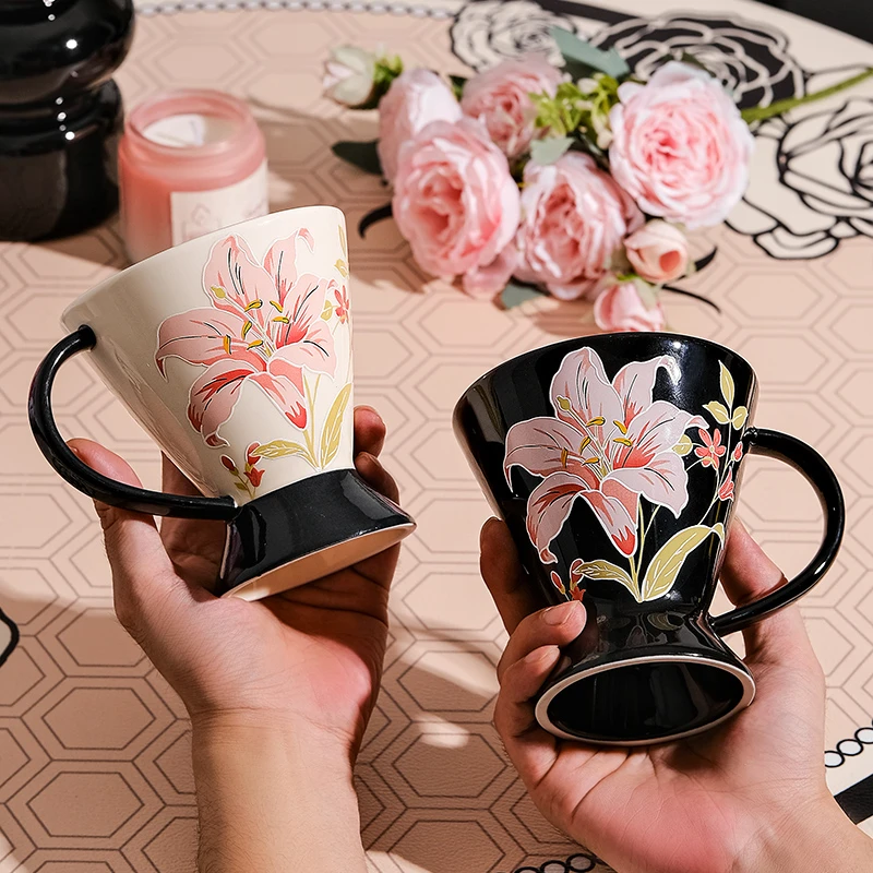 网红爆款浮雕马克杯家用高脚杯情侣杯咖啡杯轻奢高级杯子陶瓷茶杯
