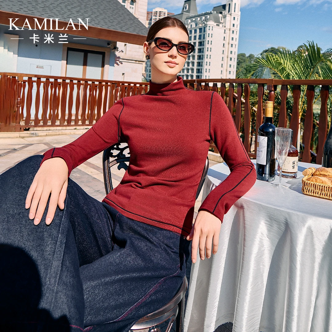 卡米兰红色修身气质长袖打底T恤女2025秋冬新款减龄内搭气质上衣