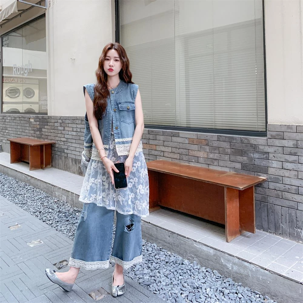 蕾丝拼接无袖牛仔阔腿裤时尚套装女夏三件套流行大方得体爆款超火