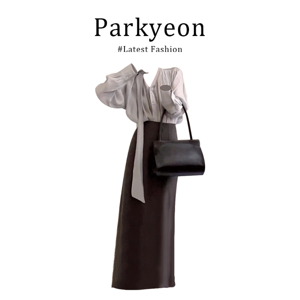 parkyeon法式轻熟风V领飘带长袖衬衫上衣搭配包臀半身裙两件套