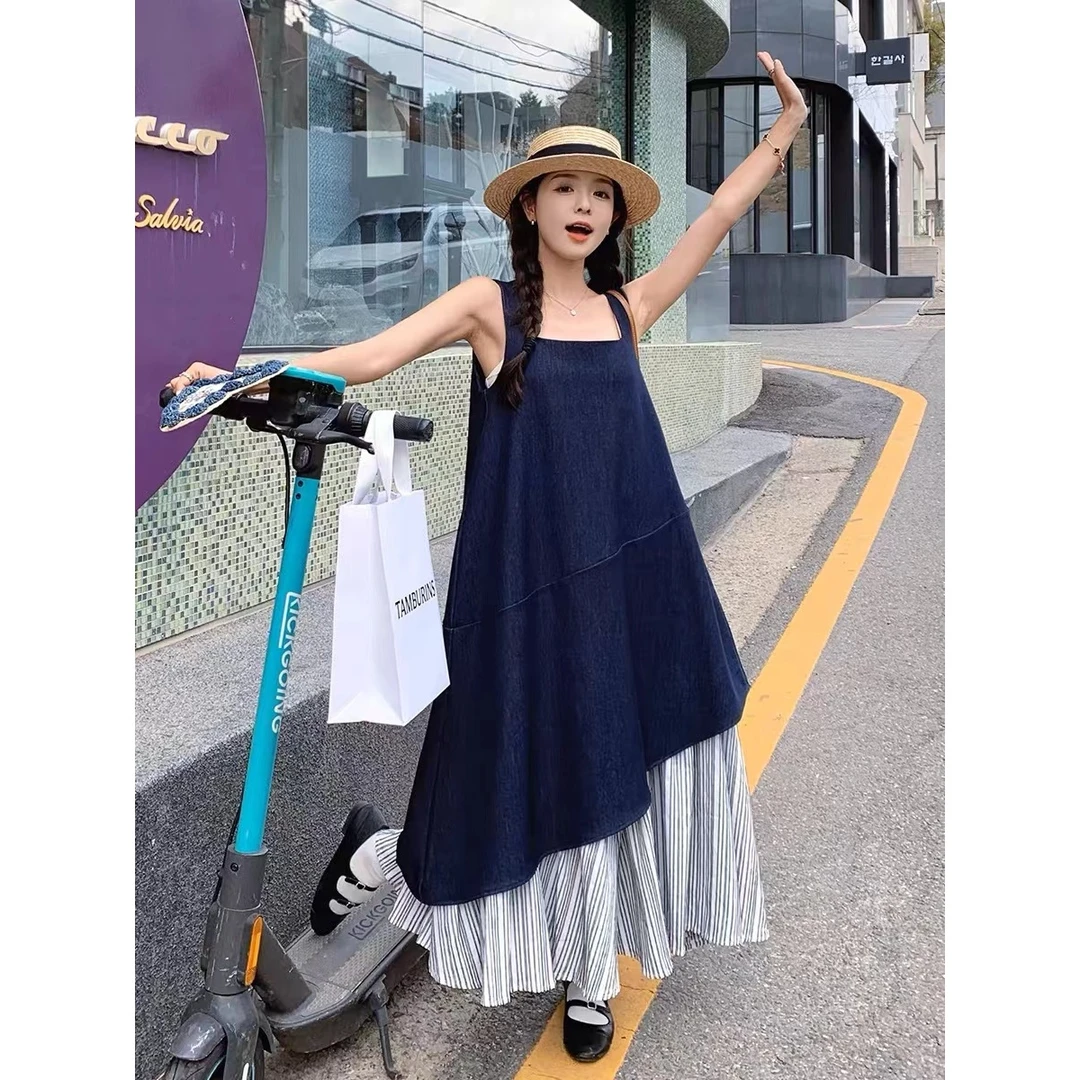 设计感条纹拼接连衣裙夏季超好看假两件不规则吊带长裙0003
