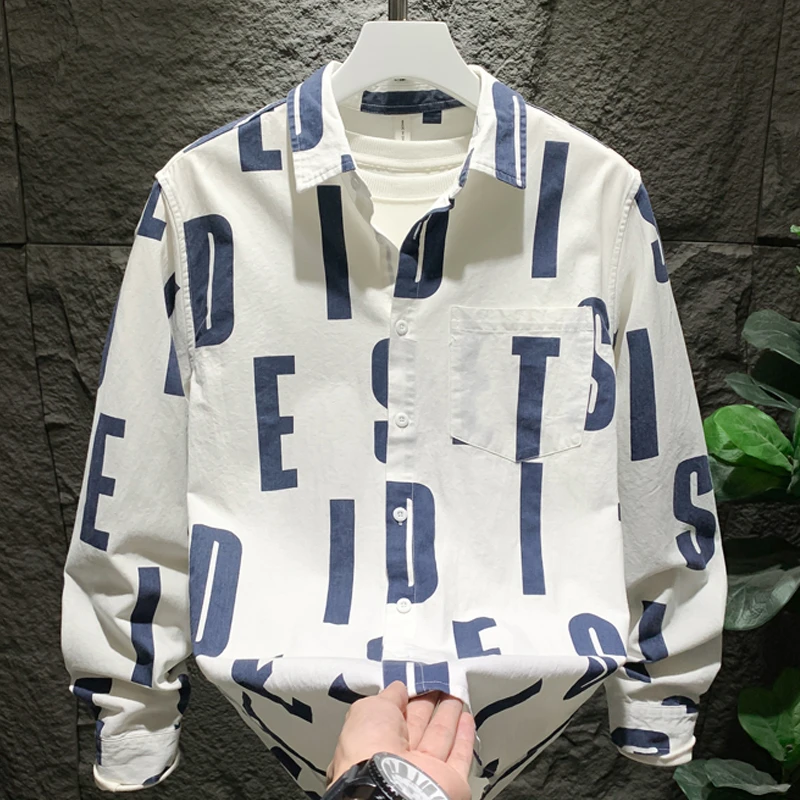 春夏印花对襟长袖衬衣男春秋季帅气休闲字母百搭痞帅宽松翻领衬衫