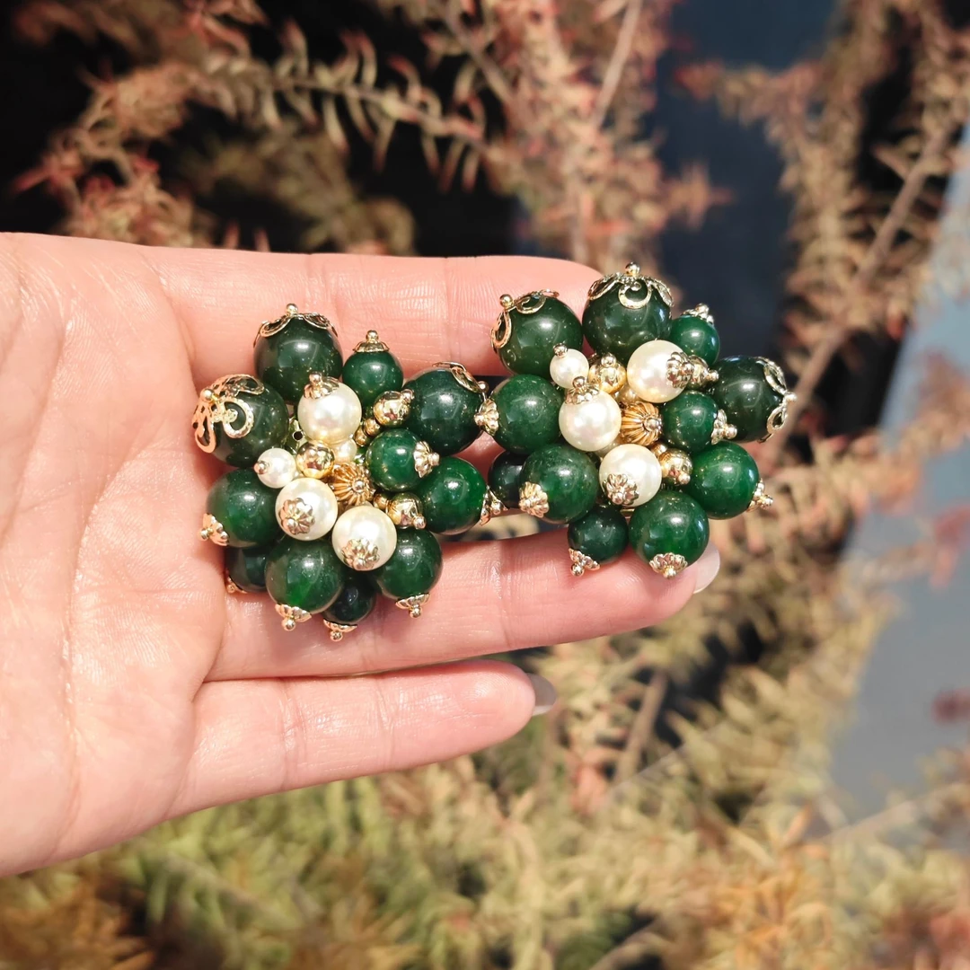 铜合金琉璃耳饰 中古vintage时尚复古绿色耳饰合集