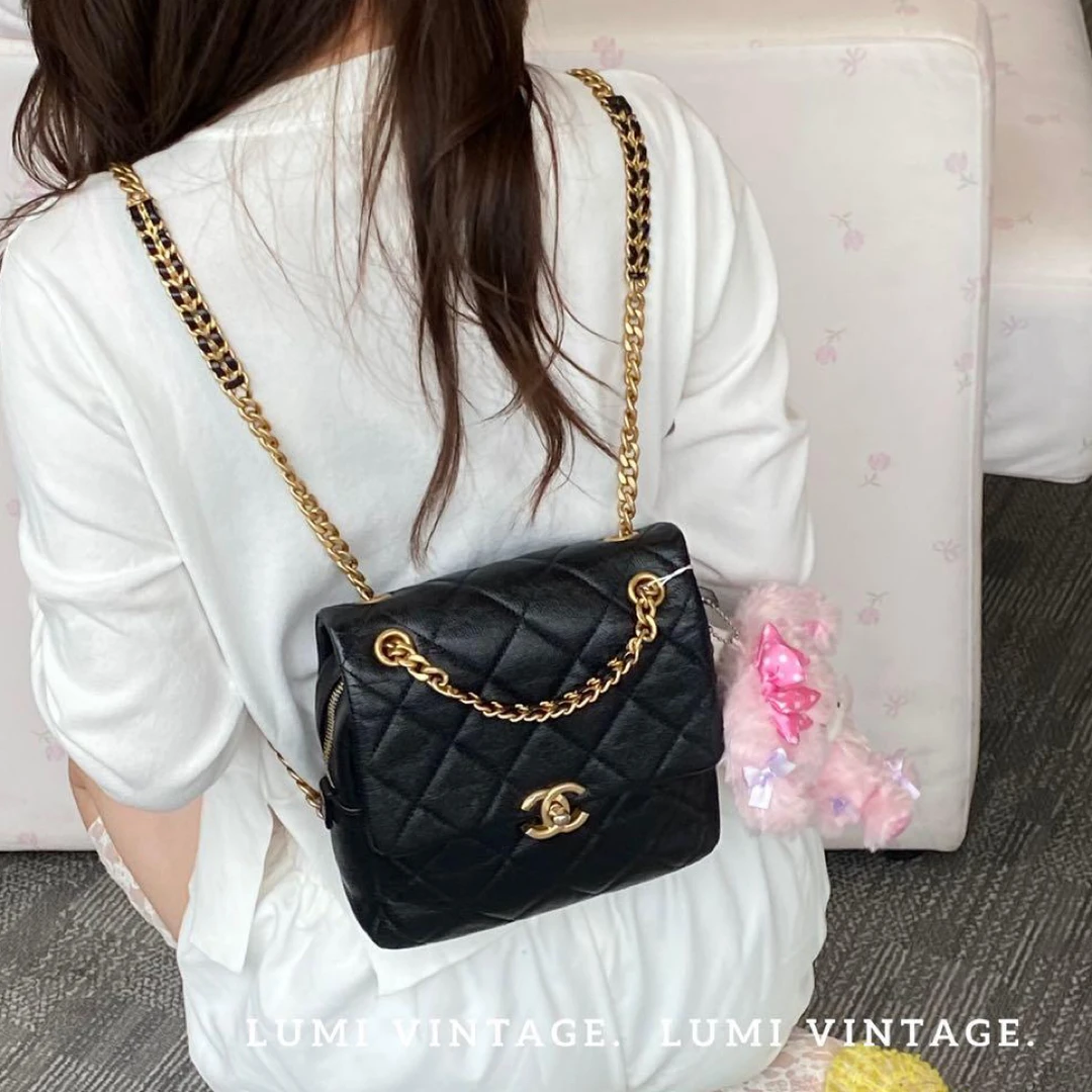 95新 Chanel/香奈儿 黑金荔枝牛ado双肩包35443695
