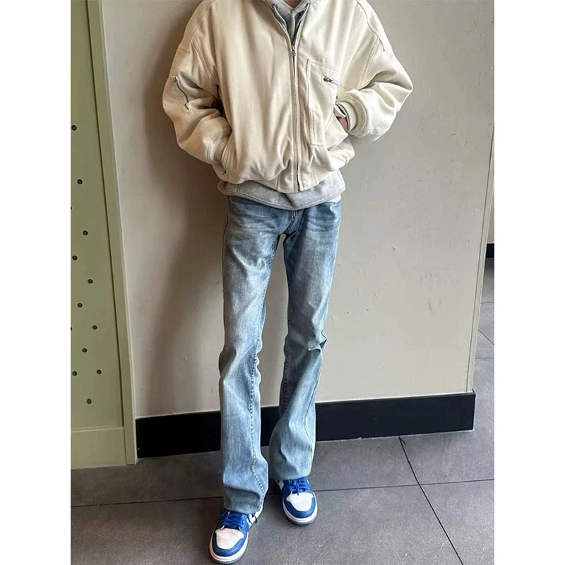 cleanfit浅蓝色牛仔裤男款美式高街vibe裤子修身高腰窄版直筒长裤