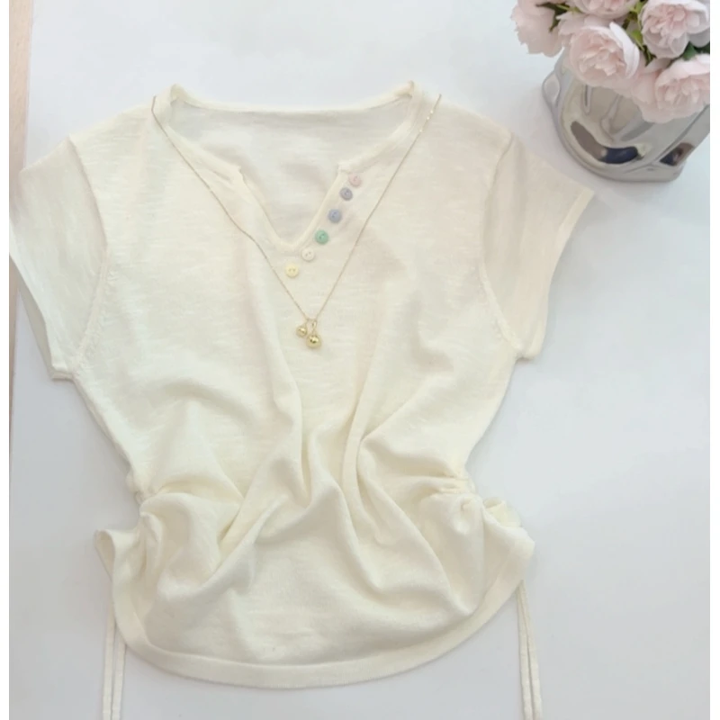 竹节麻V领女夏季薄款抽绳褶皱收腰上衣