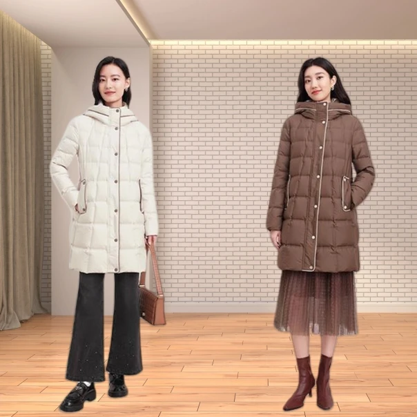 【珂莱蒂尔】冬季休闲时尚连帽中长款外套加厚保暖KR00986V1