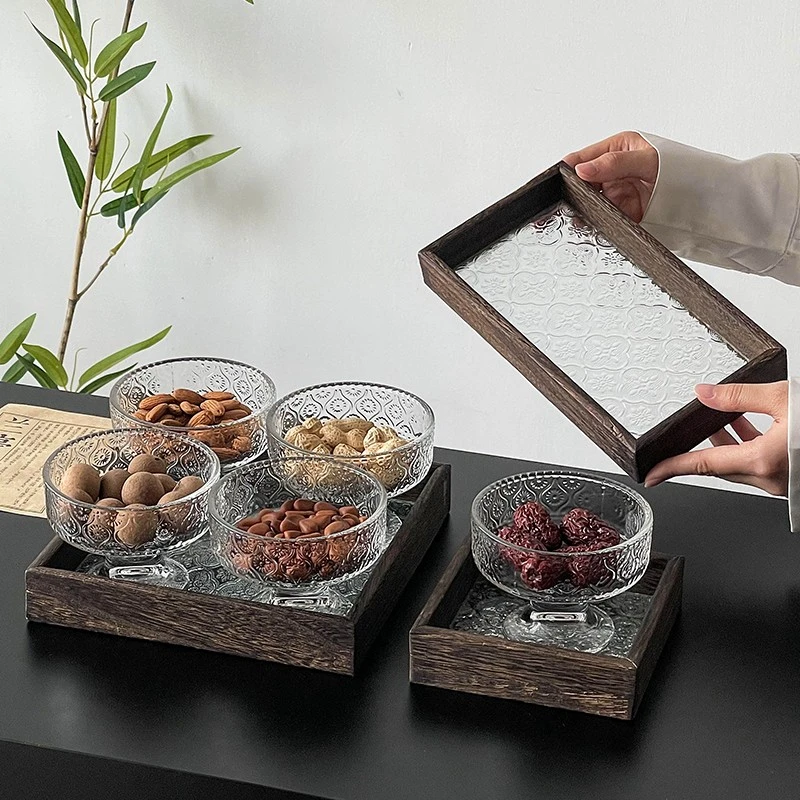 中式茶馆氛围感精致茶点盘海棠花玻璃分格干果盘下午茶点心盘