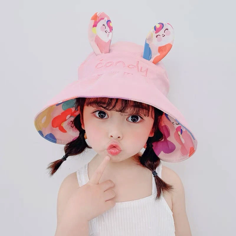 夏季女童遮阳帽可爱兔耳朵宝宝遮阳遮脸空顶儿童防晒帽子超萌韩版