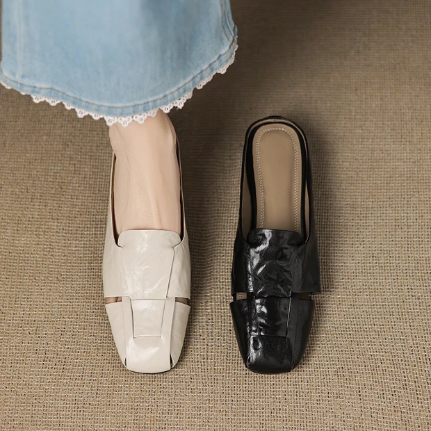 复古风一脚蹬懒人包头半拖鞋女夏季外穿平底鞋穆勒鞋包头凉拖鞋女