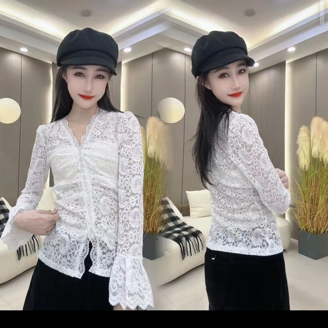 克莱因蓝格子夏季气质衬衫衬衣蕾丝