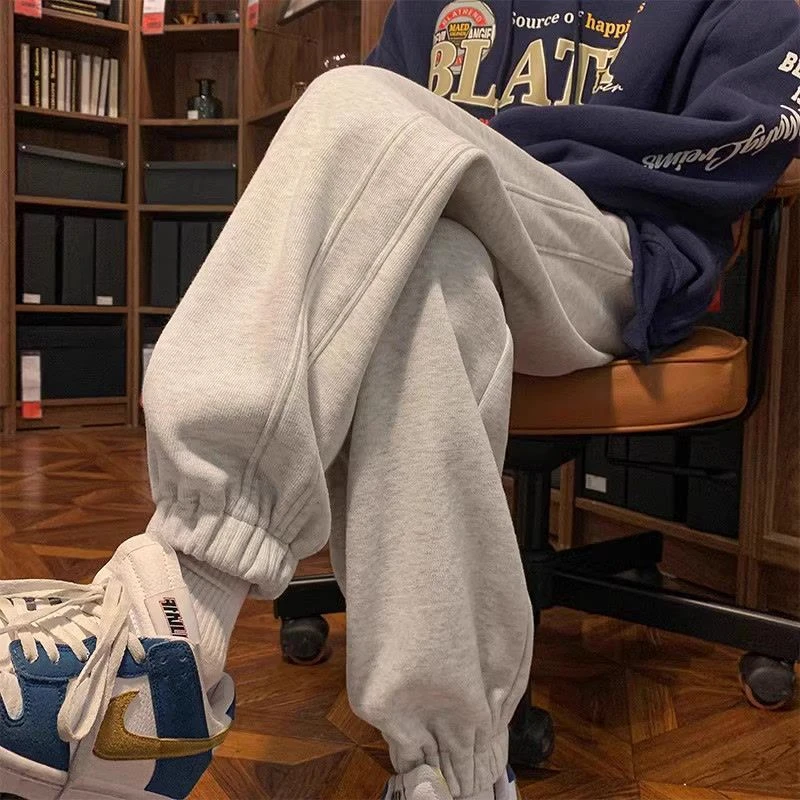 保威特·犀牛美式休闲束脚卫裤男加绒厚秋冬灰色重磅运动裤子