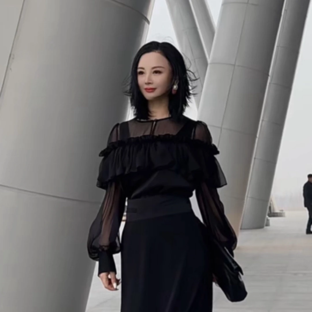 【RZ】出彩——设计感黑色荷叶边网纱上衣