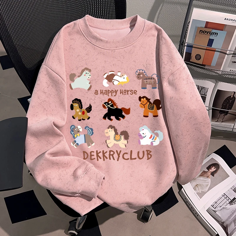 Dekkry马年本命萌系小马圆领卫衣男女款秋冬蜡染加绒趣味设计帽衫