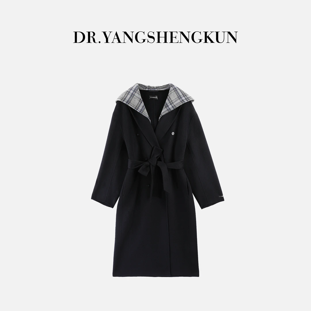 杨圣坤2025冬季新品羊毛羊绒混纺双面呢中长款连帽大衣TR251029