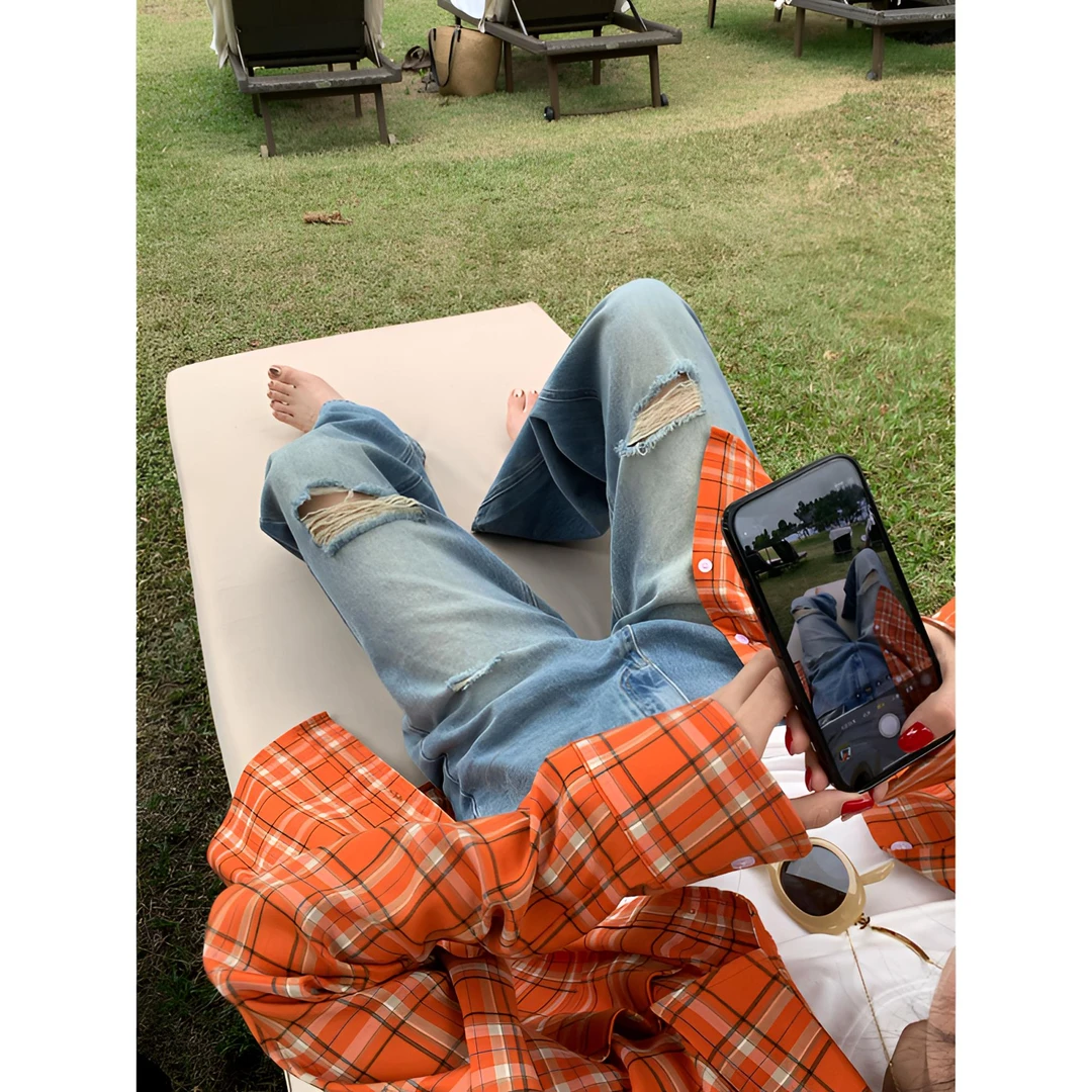 现货【谢不肉】设计感磨破水洗宽松时尚百搭气质韩版休闲牛仔裤5475