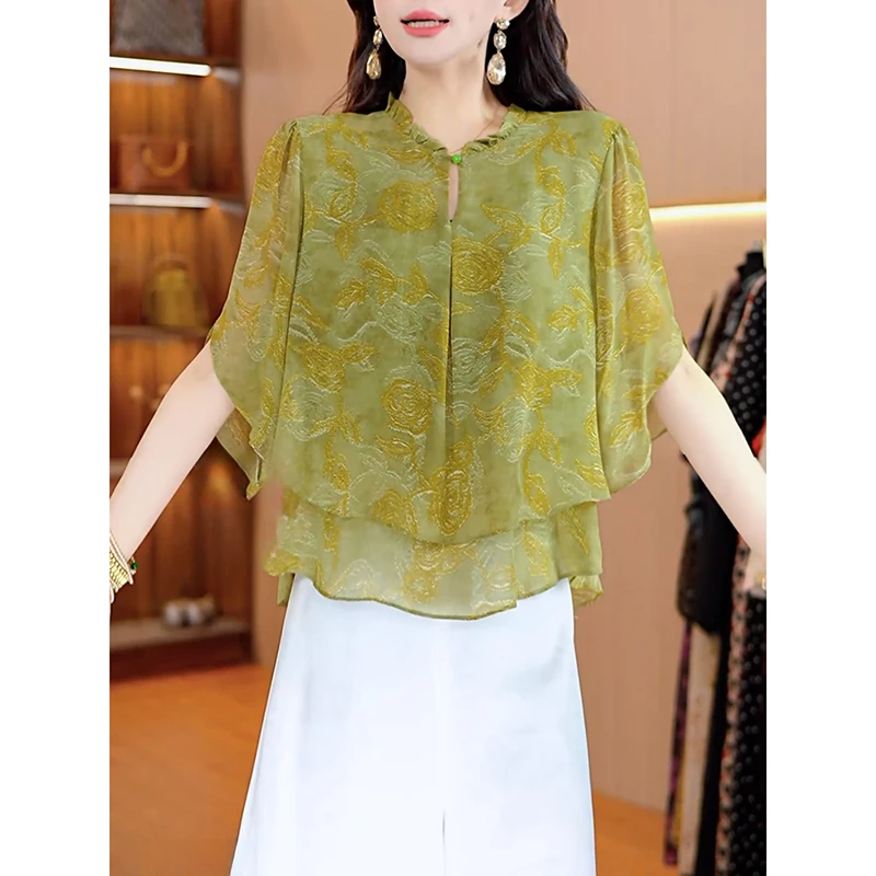 新中式国风短款衬衫女2025夏季新款盘扣网纱五分袖衬衣高级感小衫