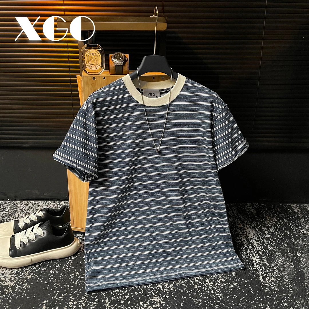 【季末5折】夏季重磅雪花扎染撞色细条纹潮流设计T恤冰感棉圆领短袖