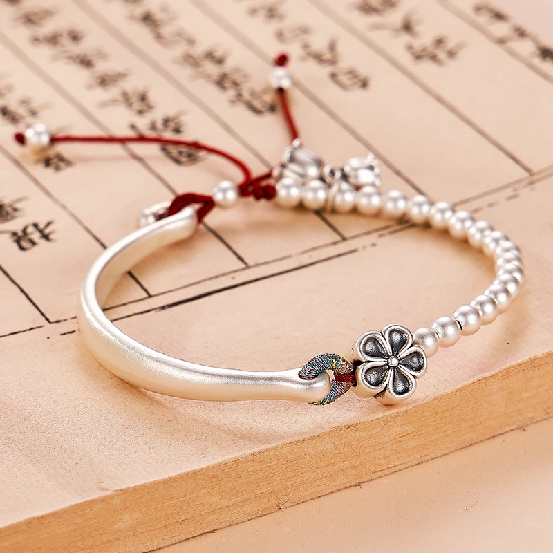 九乐 足银手镯 七夕情人节999时尚古法弯管铃兰花手链简约半手镯