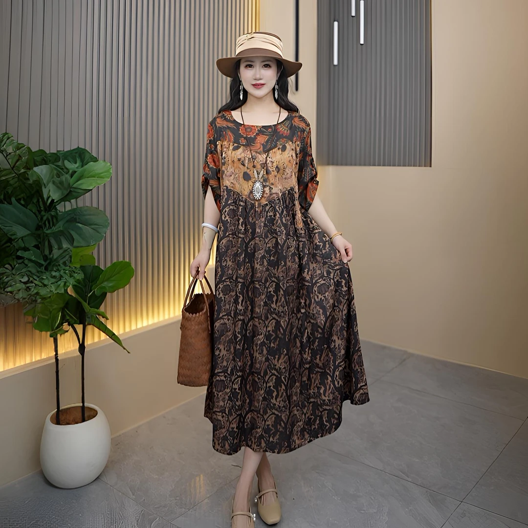 向阳新中式女装连衣裙显瘦气质中国风中长款花萝提花大码裙子印花