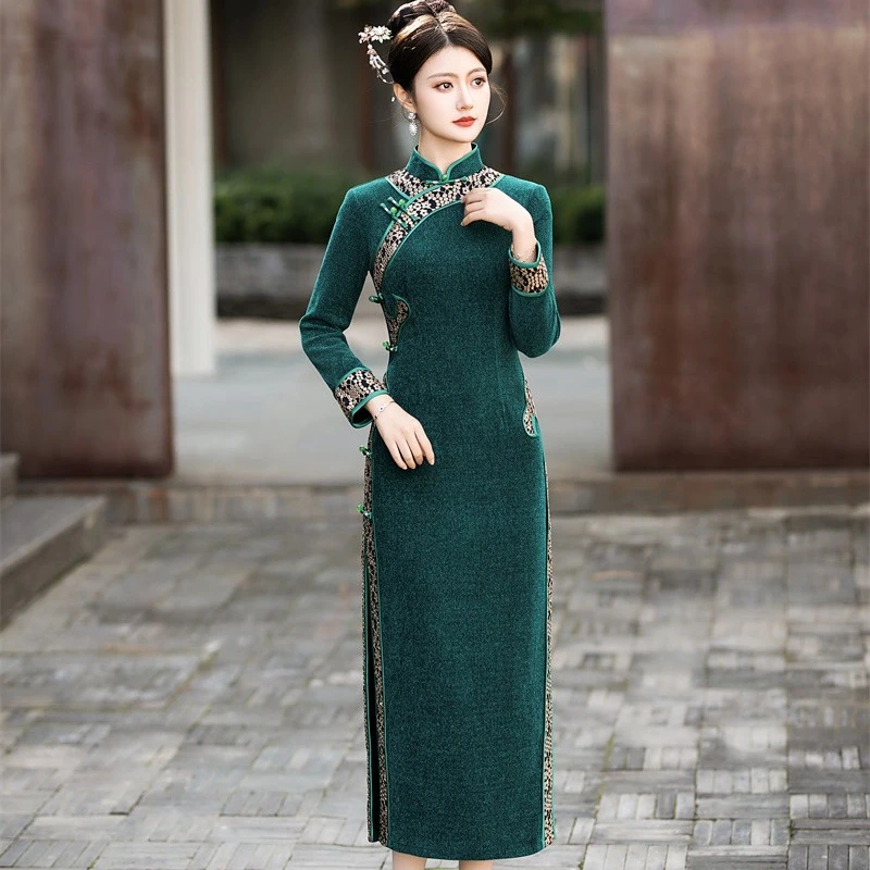 【冬如意-绿】上上喜冬季保暖加厚修身时尚优雅长旗袍