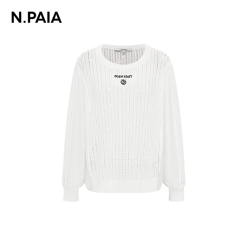 恩派雅2025新款字母刺绣针梭拼时尚圆领套头针织衫女XNKPC9522A