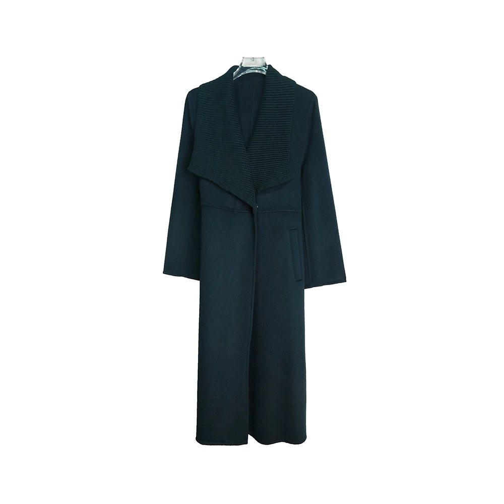 A142【新款】欧美风大V翻领大衣女超长款到脚踝A摆修身毛呢外套