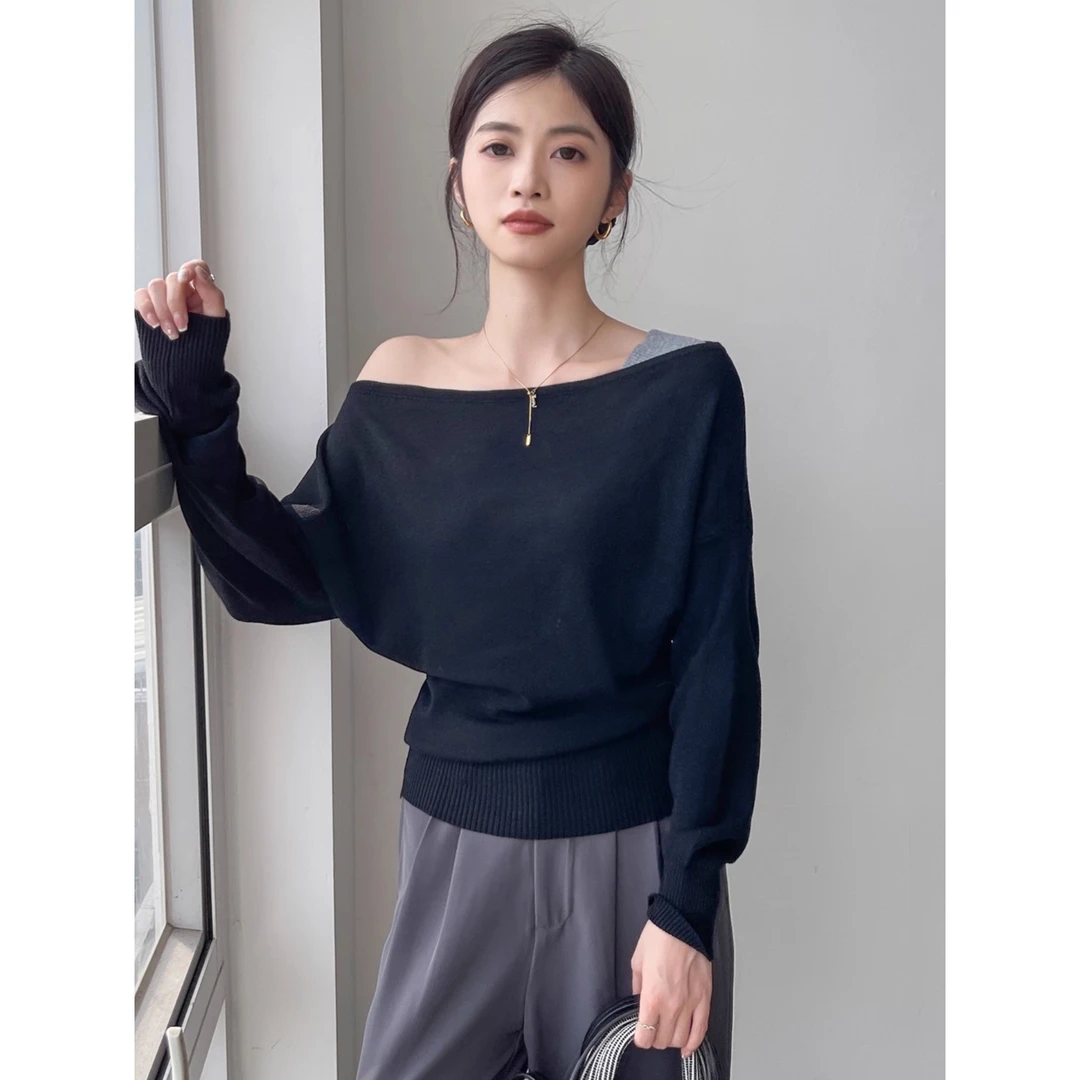 斜肩黑色打底衫女2025新款秋季一字肩针织气质长袖内搭上衣高级感