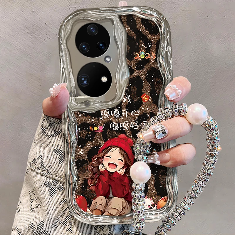 适用于【华为】P50Pro豹纹嘎嘎好运小女孩创意时尚手机壳