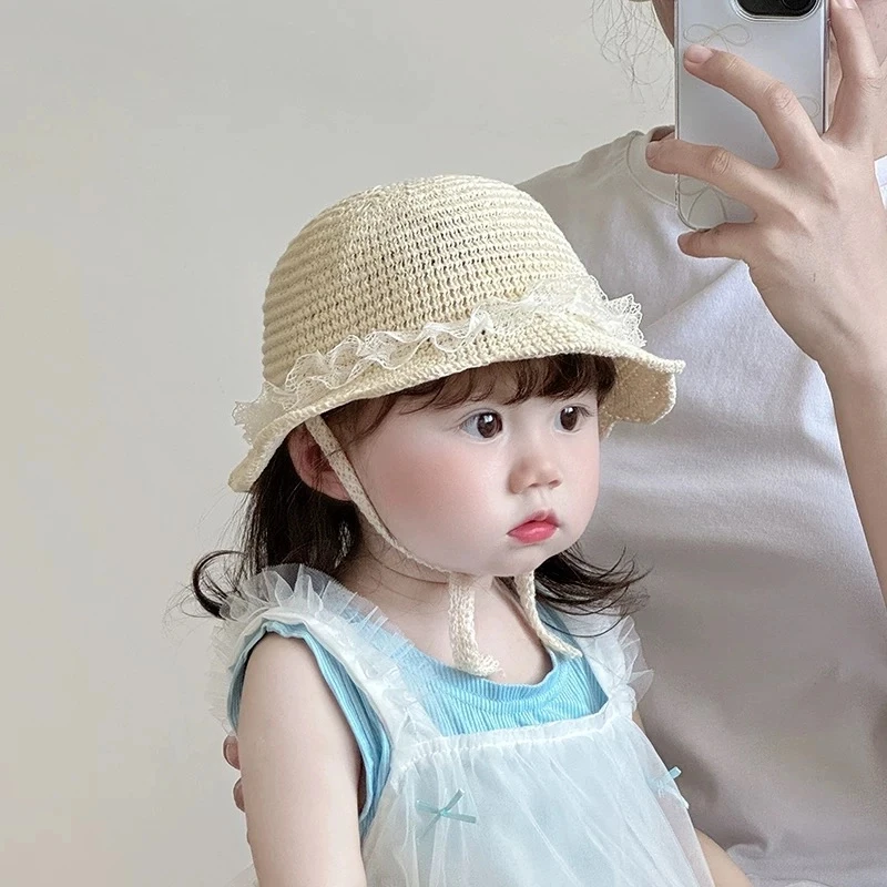 婴儿草帽夏季透气蕾丝花边洋气系带帽子婴幼儿宝宝海边遮阳防晒帽