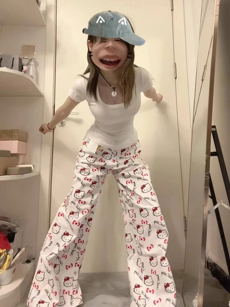 日系可爱卡通猫咪牛仔裤女装夏季宽松阔腿裤高腰直筒裤拖地裤长裤
