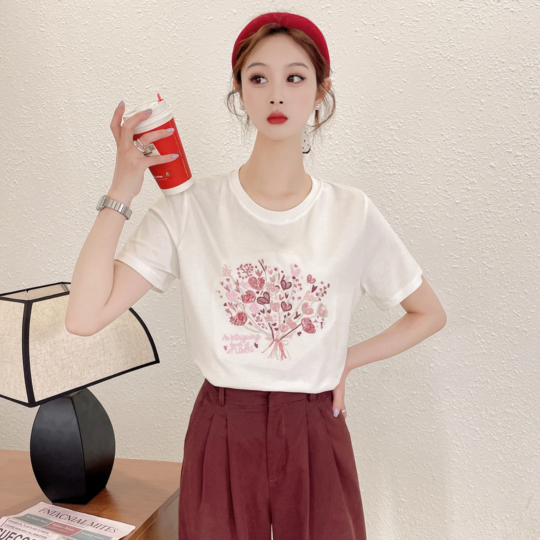苏醒的乐园t恤女夏季新款95棉SXT53029宽松重工亮片发材树刺绣