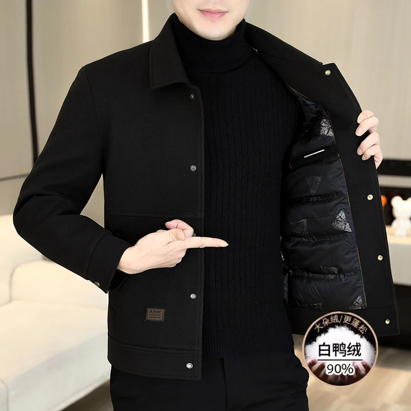 毛呢大衣冬季男款男士翻领时尚保暖服冬季防寒外套白鸭绒短款中老