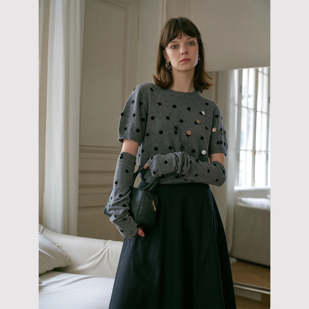 TOPCLOSET 法式重工钉珠波点亮片短袖套头羊毛衫+可拆卸袖套7454