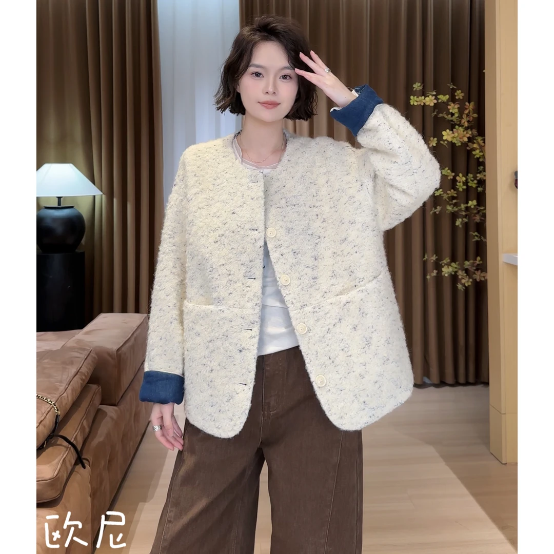 欧尼私服【蓝边小香外套】2025秋季新款牛仔蓝羔毛外套2509C5648