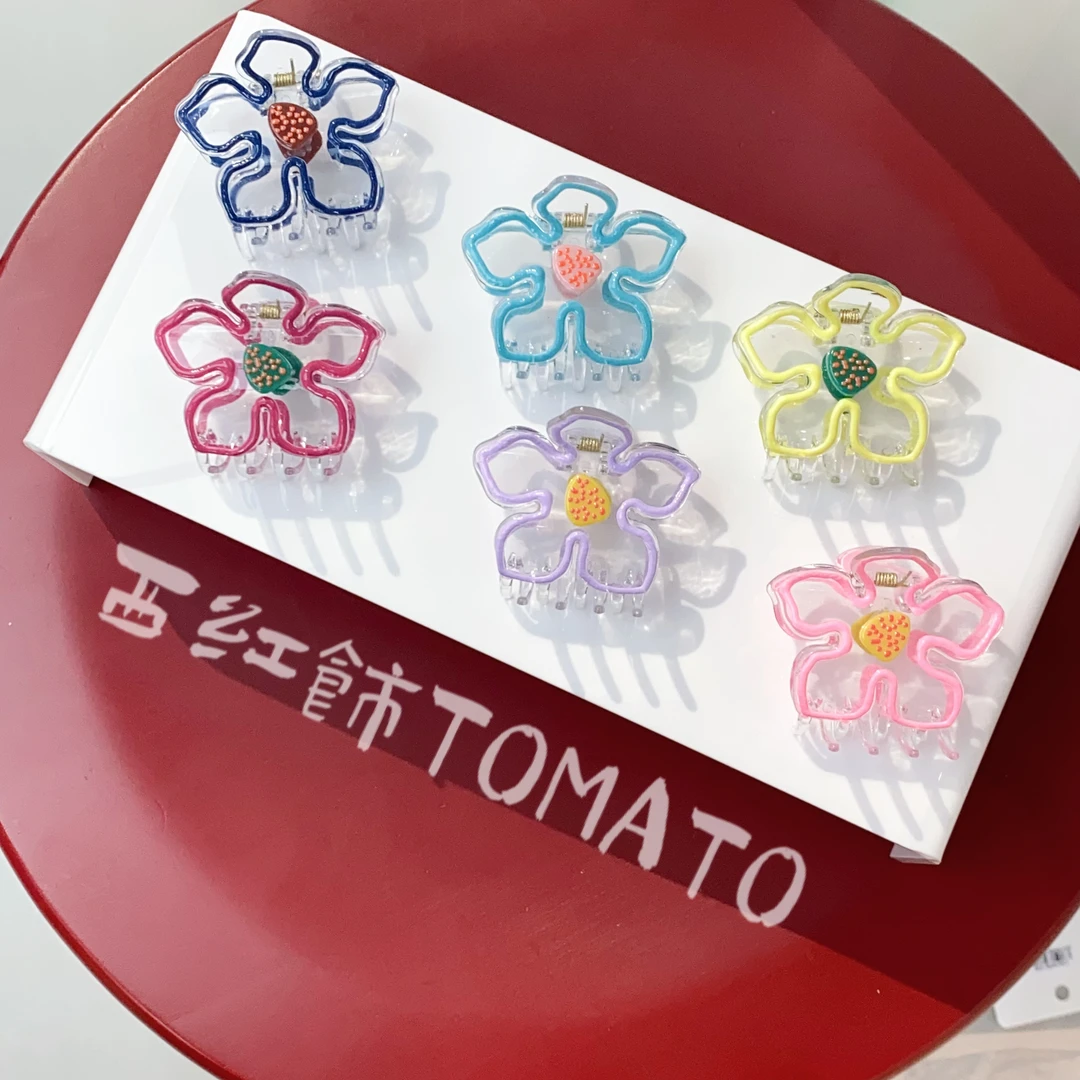 西红饰TOMATO韩国东大门百搭手绘花朵冰透抓夹