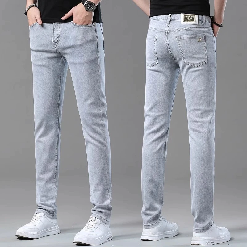 香港欧洲站夏季薄款浅灰色牛仔裤男潮牌修身小脚弹力2025新款时尚