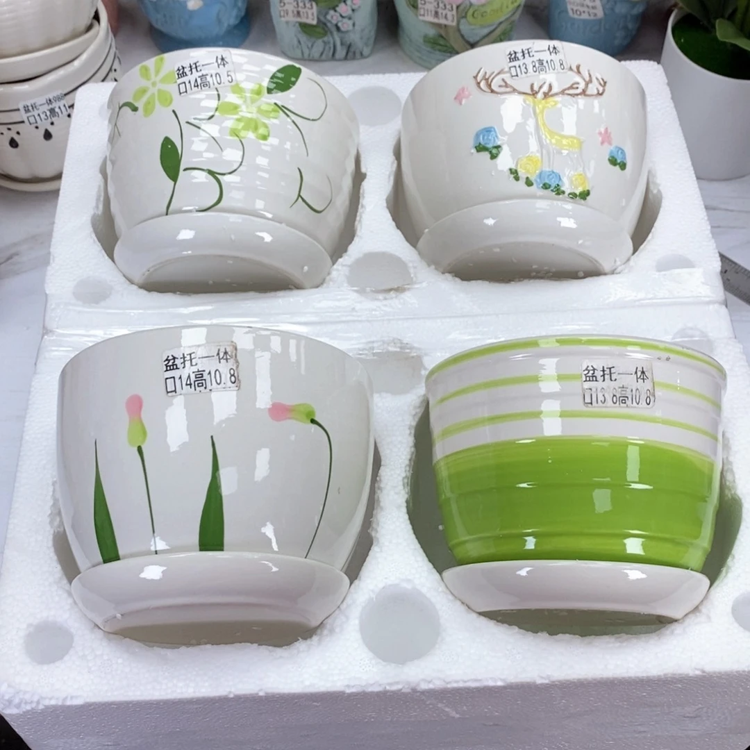 陶瓷@陶瓷花盆@@四个手绘