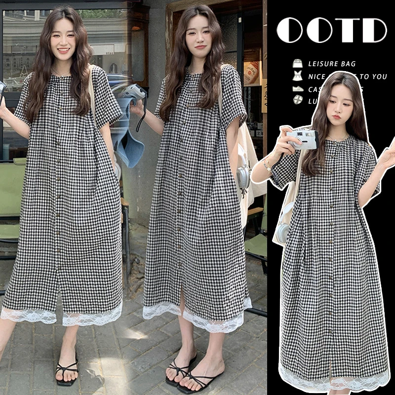 孕妇夏装格子连衣裙女2025夏季新款大码宽松法式复古气质显瘦裙子
