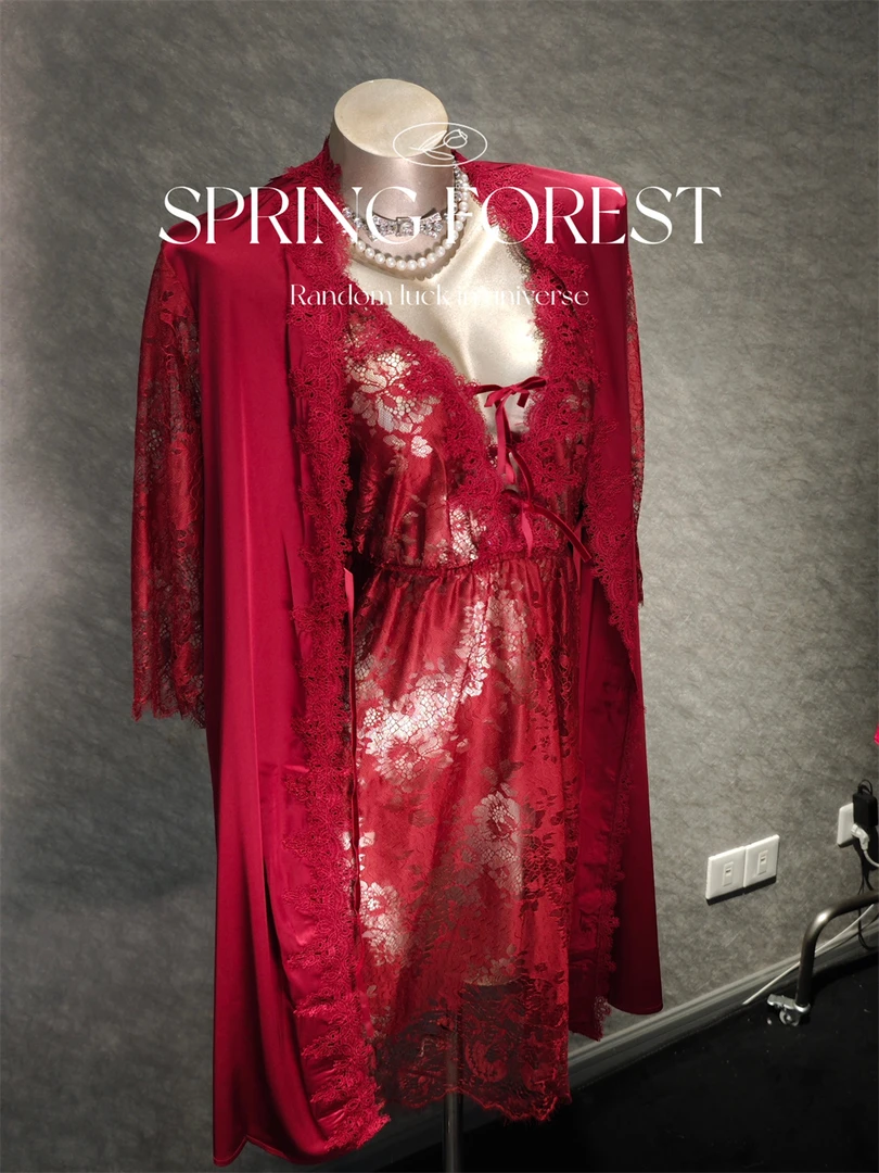 性感镂空蕾丝系带睡衣大码吊带睡裙睡袍浴袍新娘晨袍女家居服套装