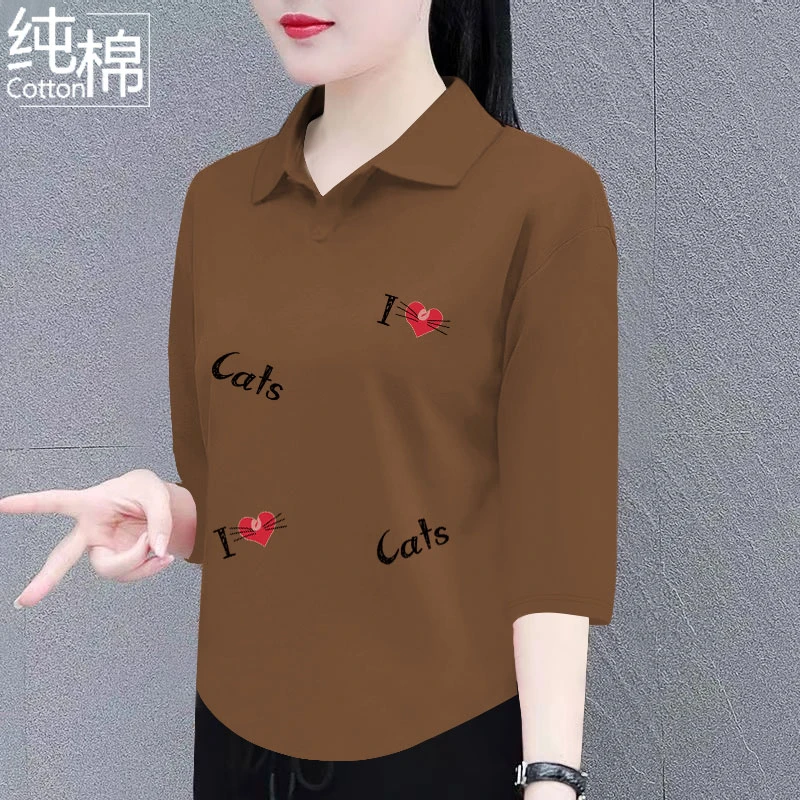 纯棉七分袖t恤女夏季新款翻领百搭宽松显瘦时尚洋polo领上衣