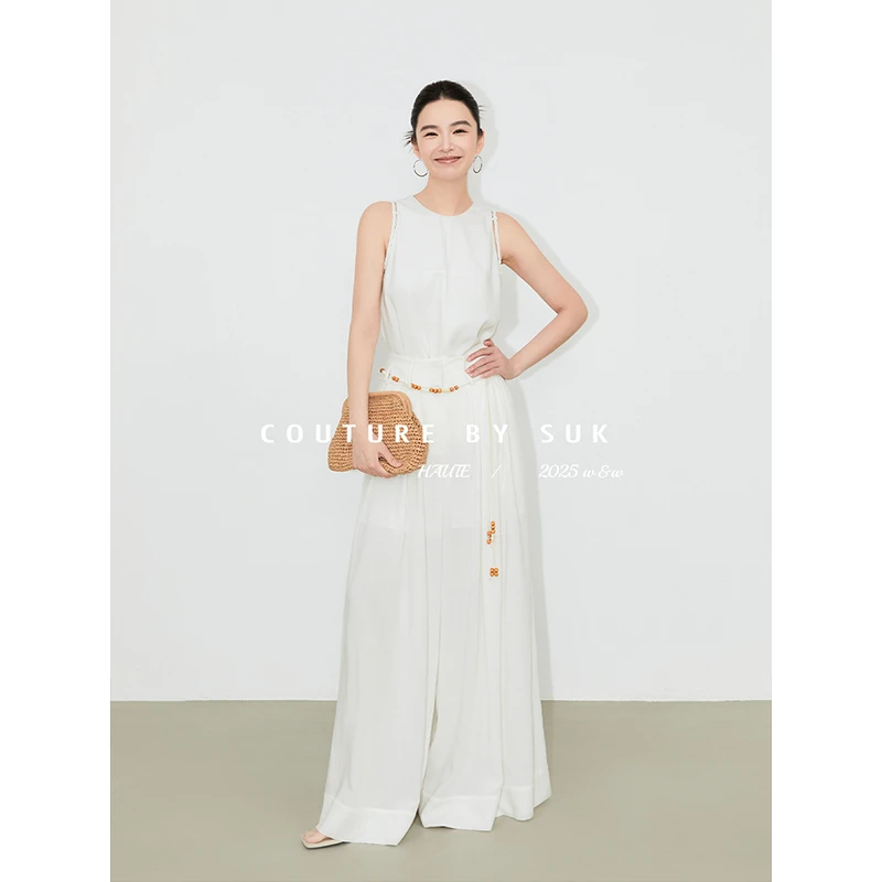 SUK 【主角气场】优雅随性串珠设计高级无袖背心上衣阔腿裤SK5511