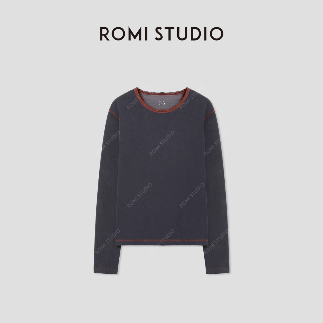 ROMI STUDIO“打破常规”灰红撞色边条舒适棉质长袖上衣RWCASU5423